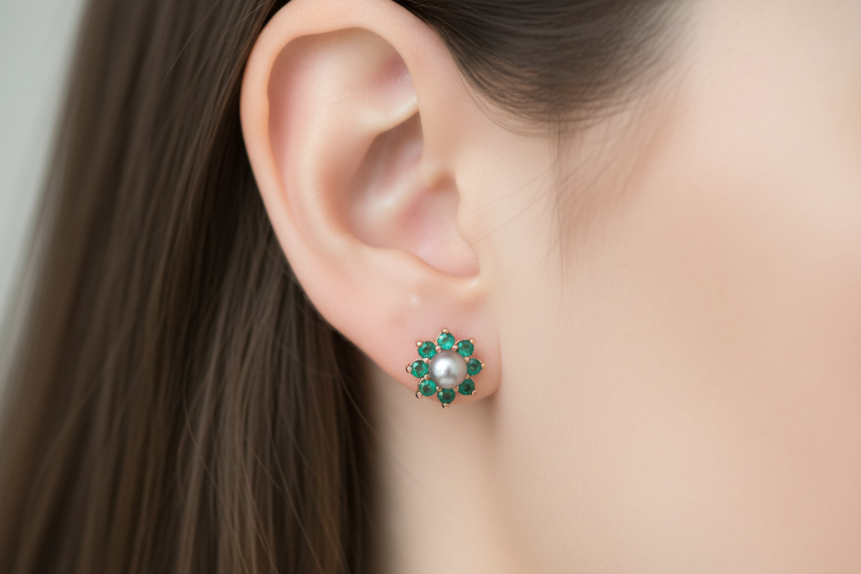 Tahitian Grey Pearl & Emerald Stud Earrings – 18K Rose Gold Vermeil Sterling Silver