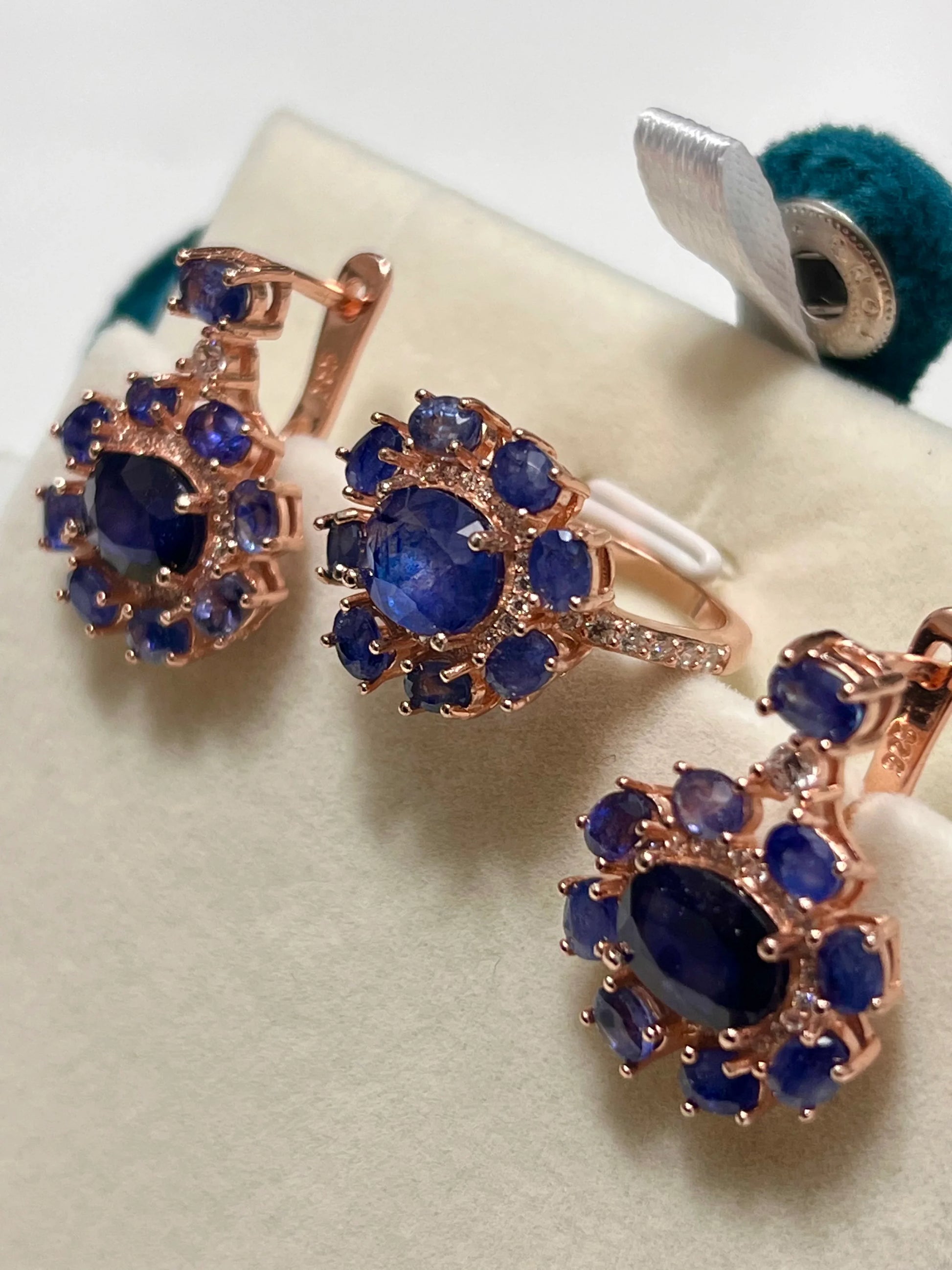 All-Sapphire Jewelry Set in Palladium Silver with 18K Rose Gold Vermeil