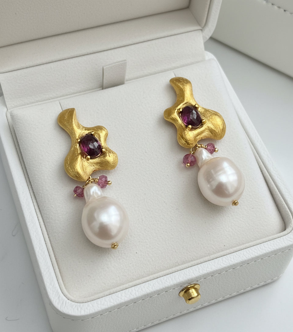 Handmade South Sea Baroque Pearl and Ruby earrings