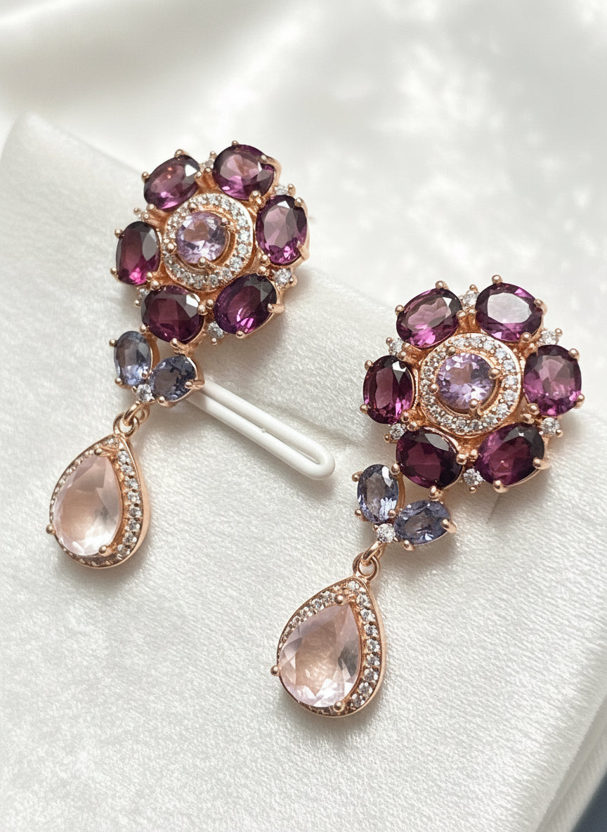 Handmade Rhodolite & Rose Quartz Floral Drop Earrings