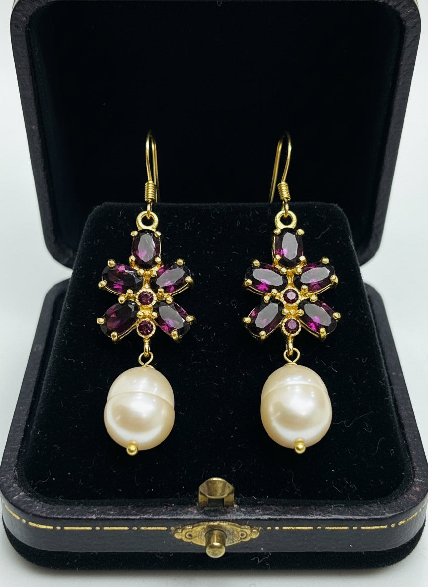 Handmade Rhodolite Garnet and Pearl Earrings