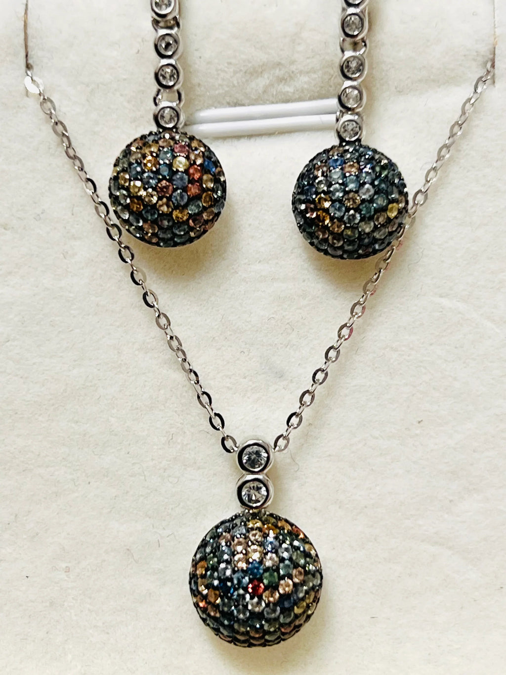 Multi-Color Sapphire Ball Design Sterling Silver Necklace and Earring Set
