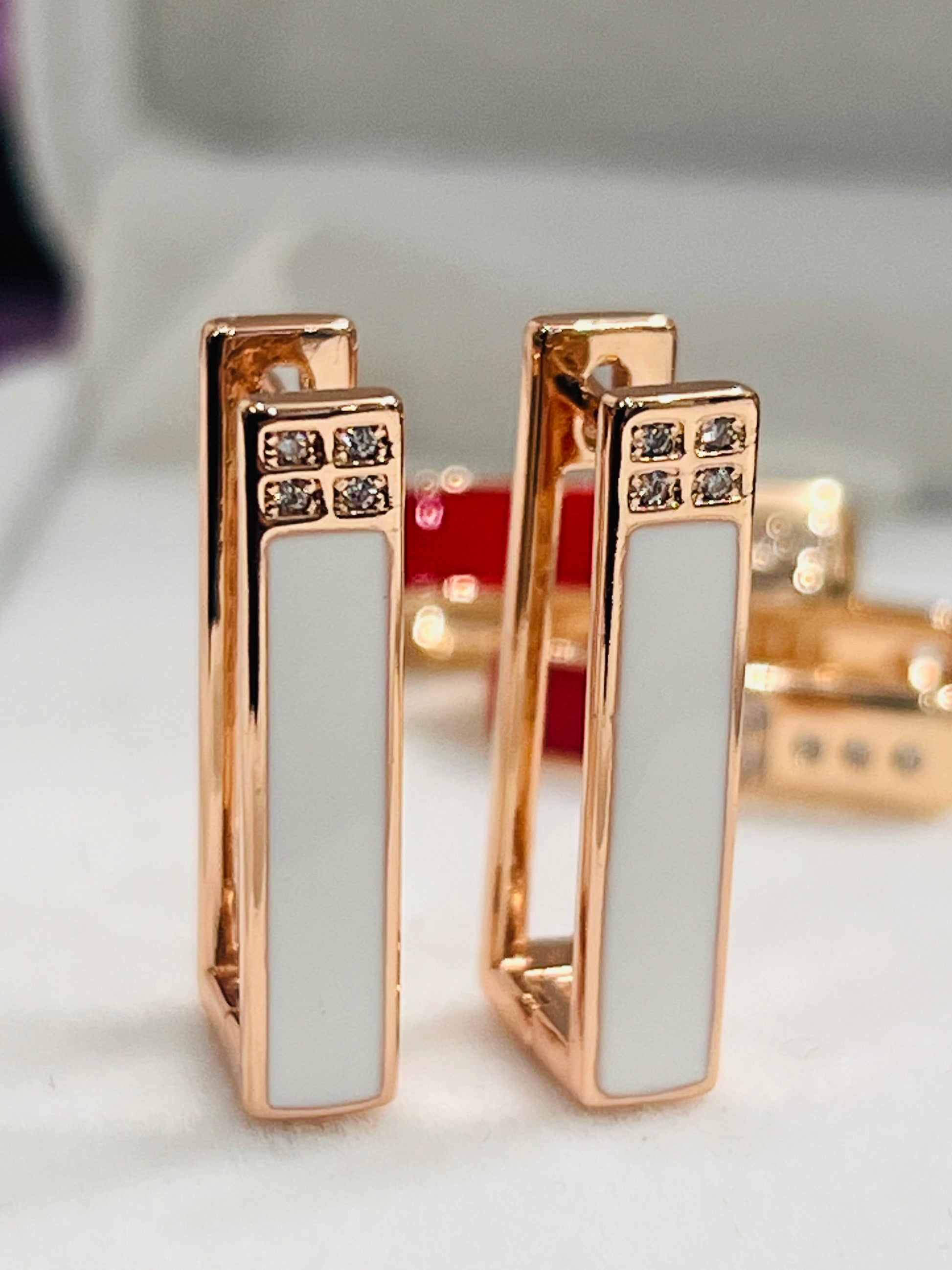 14K Rolled Gold Rectangle Enamel Earrings – Minimalist Futuristic Geometric Earrings Red White Black
