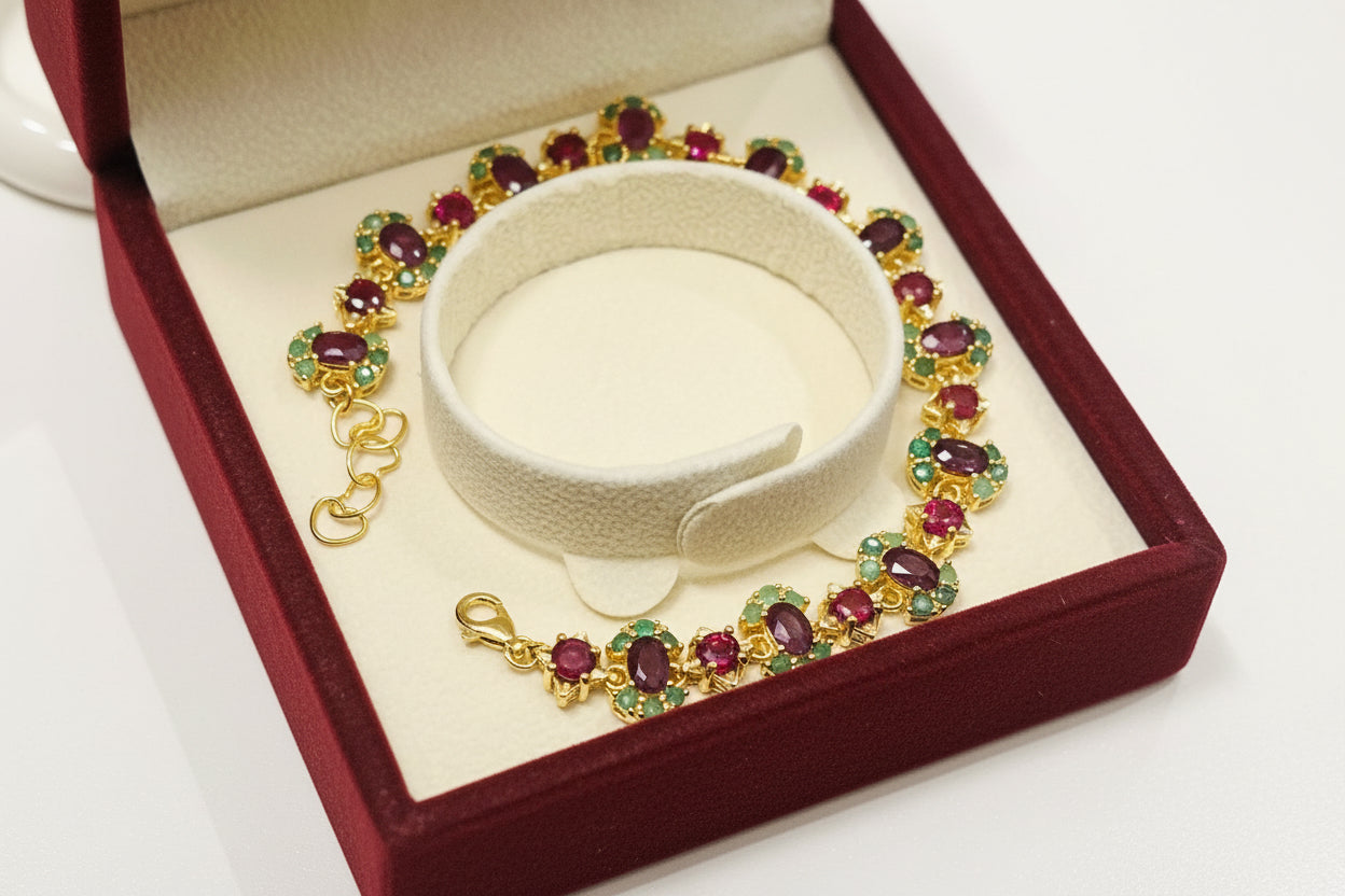 Genuine Ruby and Emerald Bracelet in 14k Gold over sterling silver