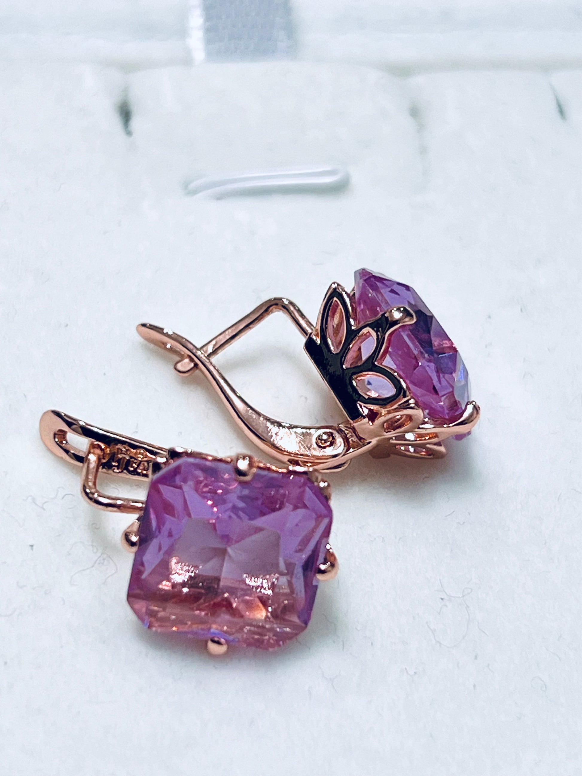 14K Rolled Gold Pink or Blue Topaz Minimalistic Square Drop Earrings