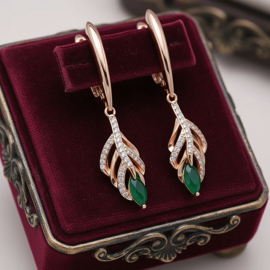 14k Rolled Gold Leaf Emerald Long Earrings