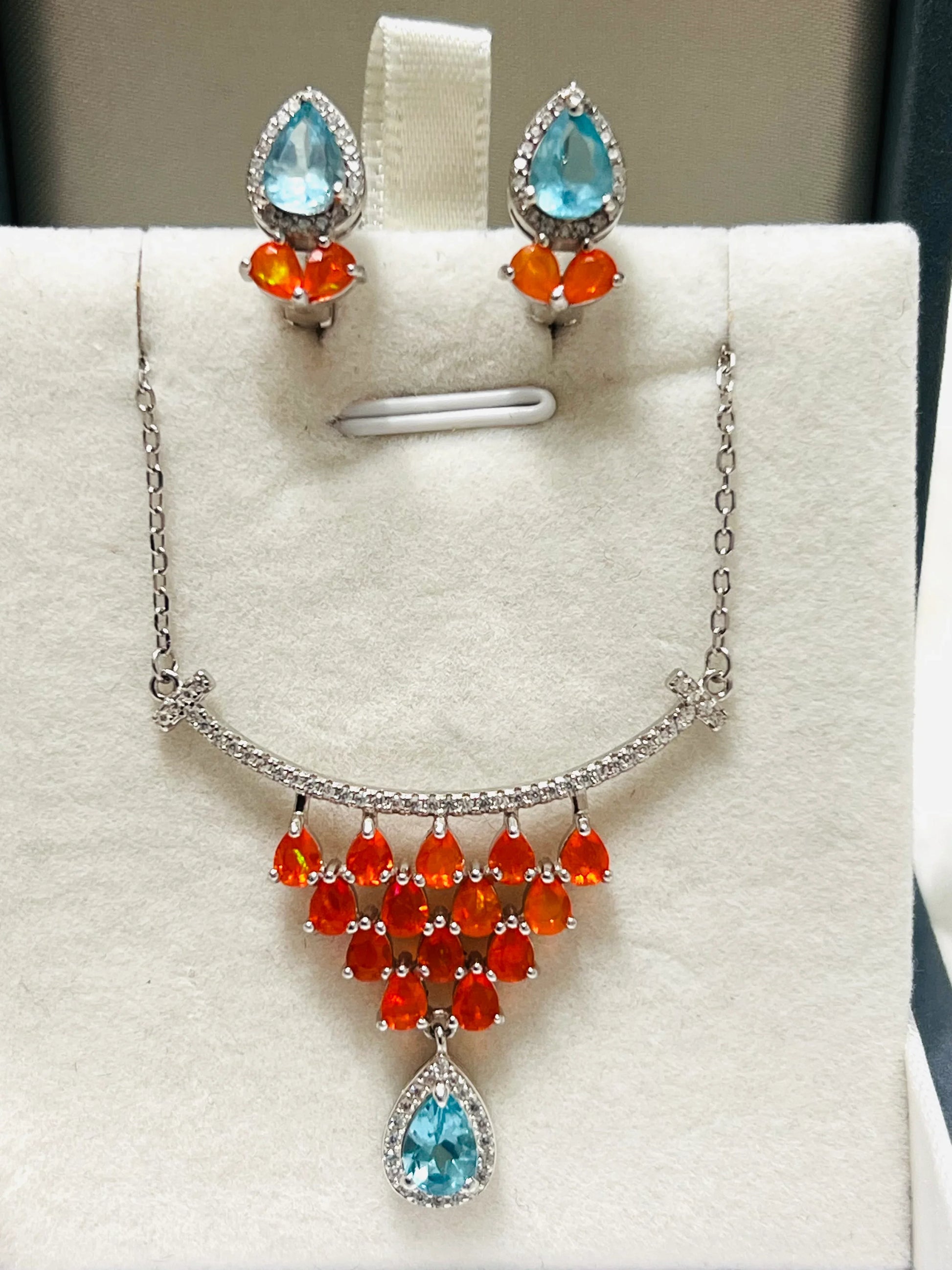 Fire Opal and Blue Topaz Sterling Silver Necklace and Earring Set