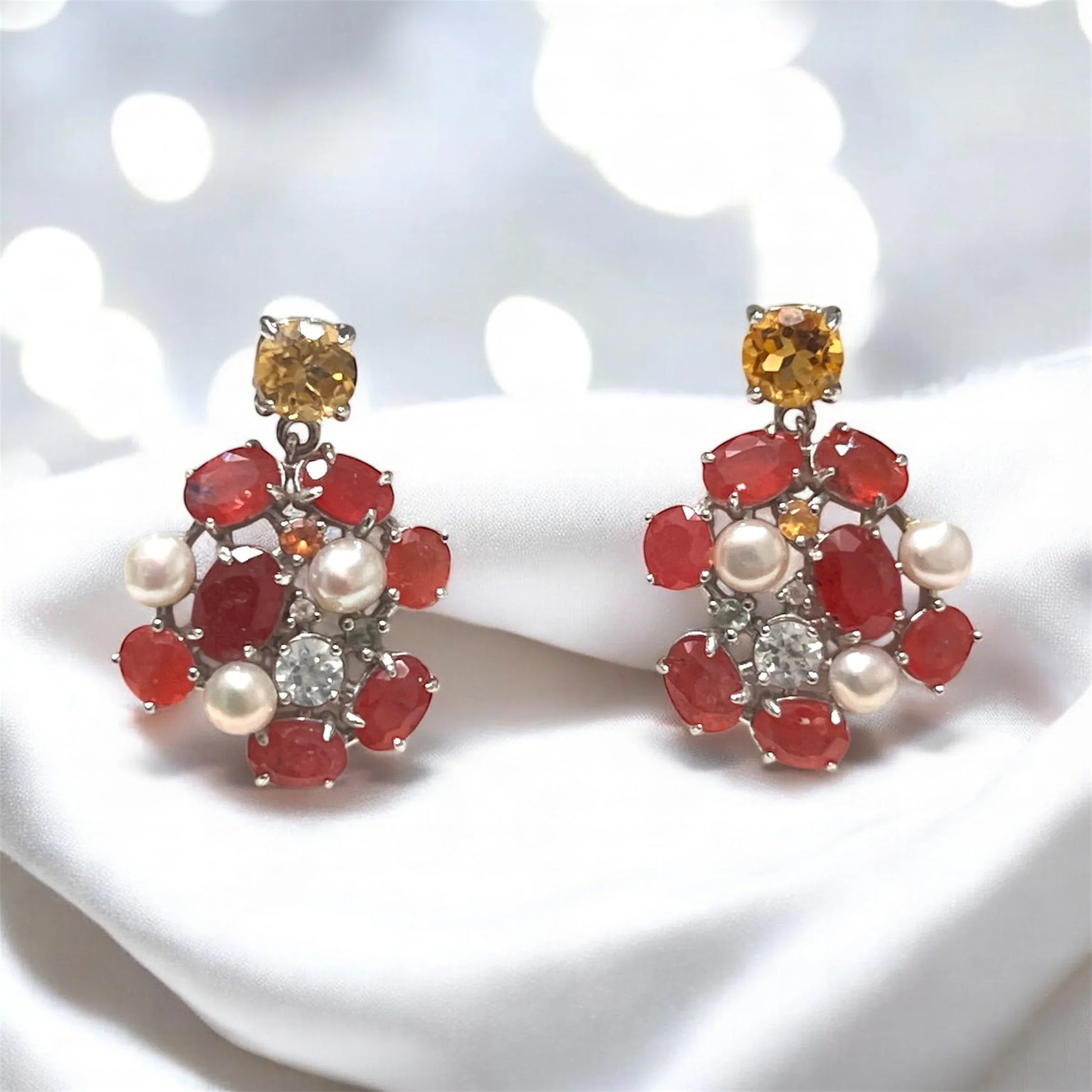 Handmade Yellow & Padparadscha Sapphire Earrings – Sterling Silver, Rhodium Plated