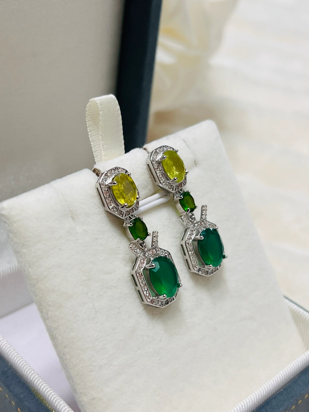 Handmade Emerald, Peridot, Chrome Diopside & Cubic Zirconia Earrings