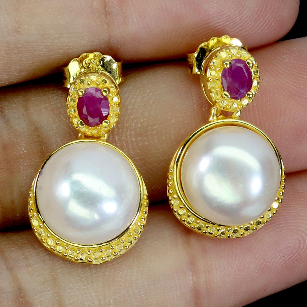 Handmade Ruby & Pearl Stud Earrings – 14K Yellow Gold over Palladium Silver