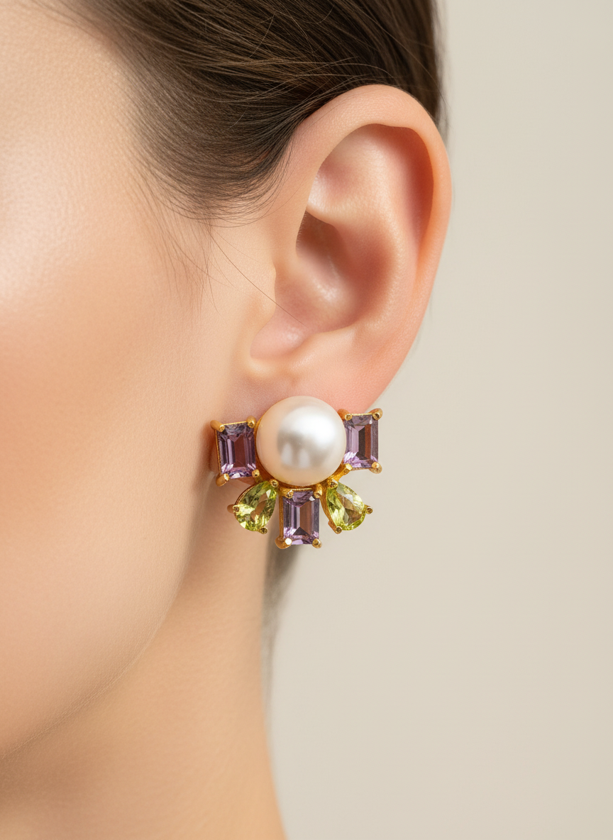 Go for Baroque: Natural Peridot, Amethyst and South Sea Pearl Earrings