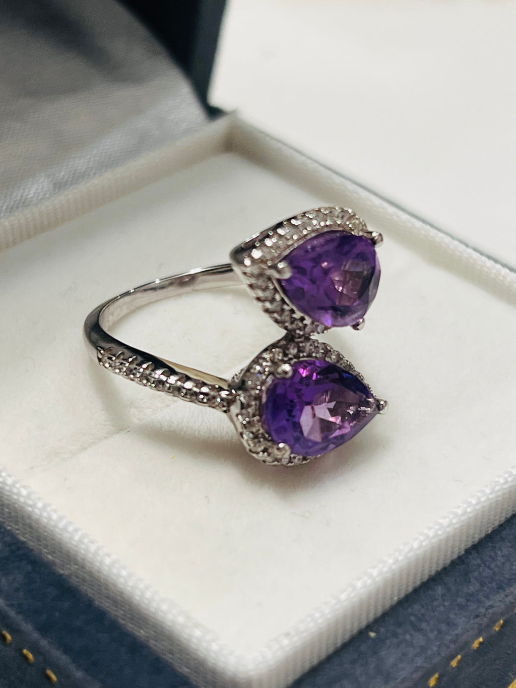 Handmade genuine Twin Amethyst Leaf Ring with White Topaz Accents