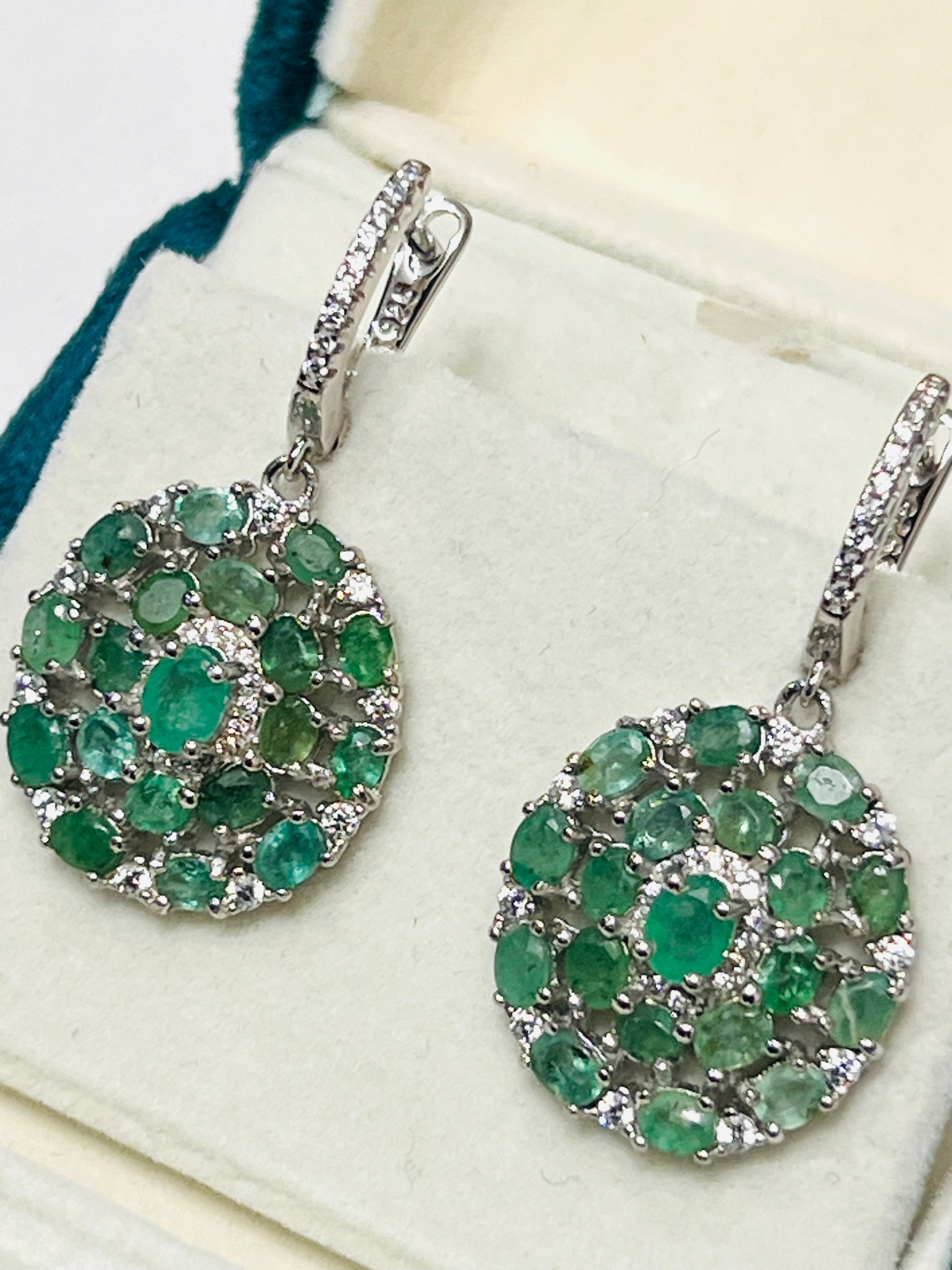 Natural Emerald & White Sapphires Flower Cluster Dangle Earrings – 18K Gold over Sterling Silver