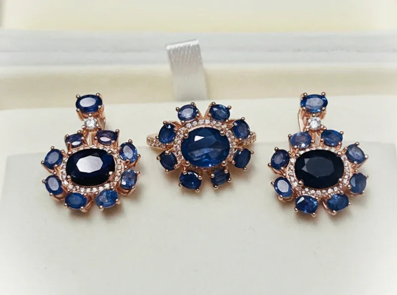 All-Sapphire Jewelry Set in Palladium Silver with 18K Rose Gold Vermeil