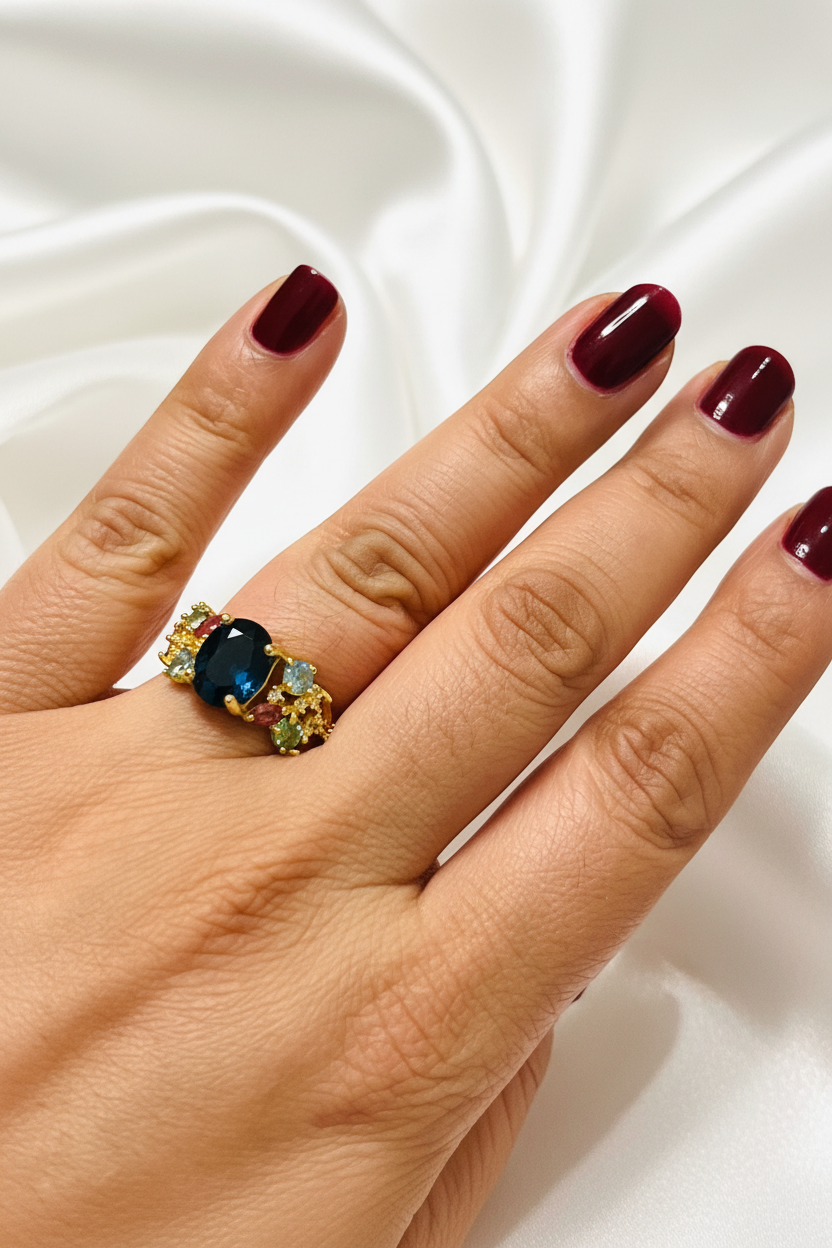 London Blue Topaz Solitaire Ring with Pink Tourmaline Accents – 18K Gold Vermeil