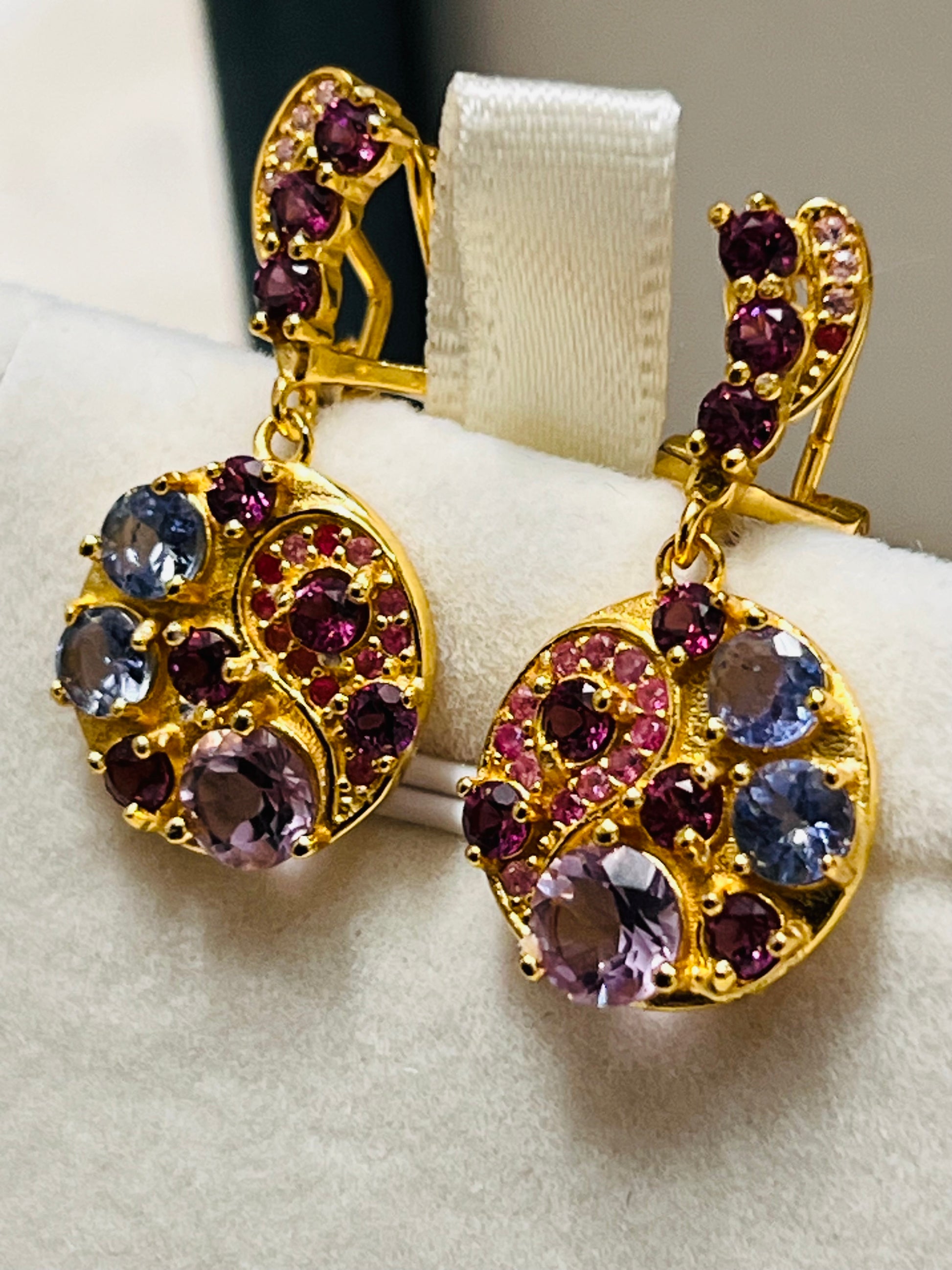 Handmade 18k Vermeil Medallion Earrings with Natural Tanzanite Garnet and Sapphires