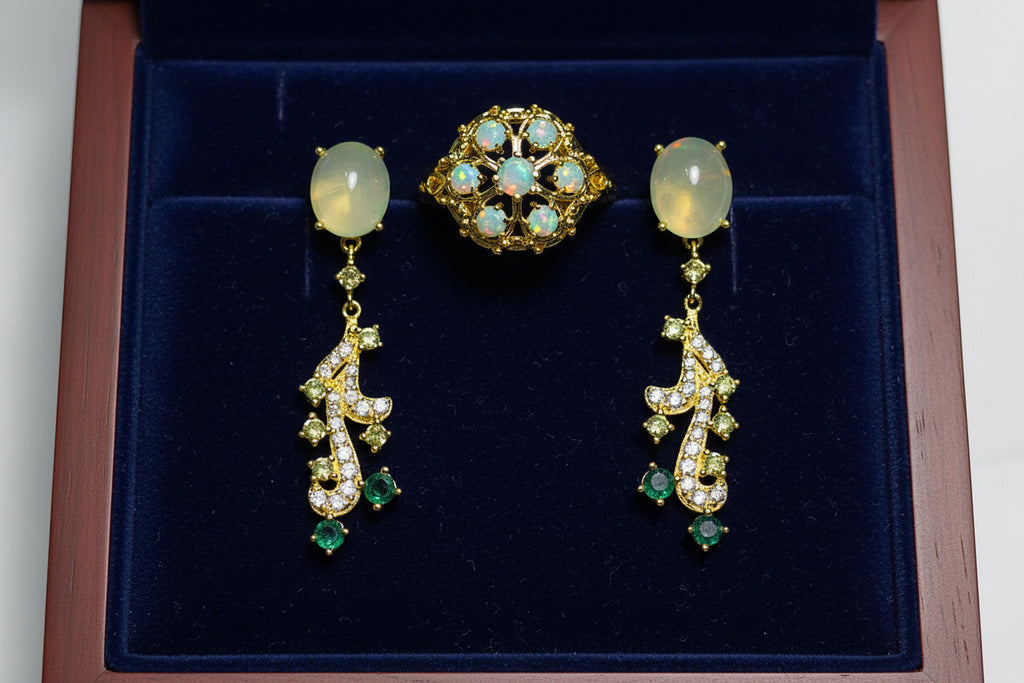 Hadmade Jewlery Set with Natural Prehnite, Emerald and Opal