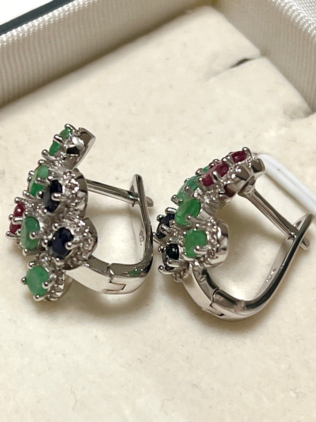Handmade Sapphire, Emerald and Ruby zig zag Earrings