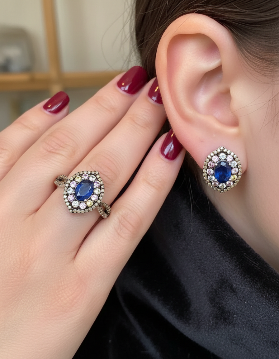 Handmade Natural Ceylon Blue Sapphires, coloured Sapphires and Natural Diamonds Jewelry Set