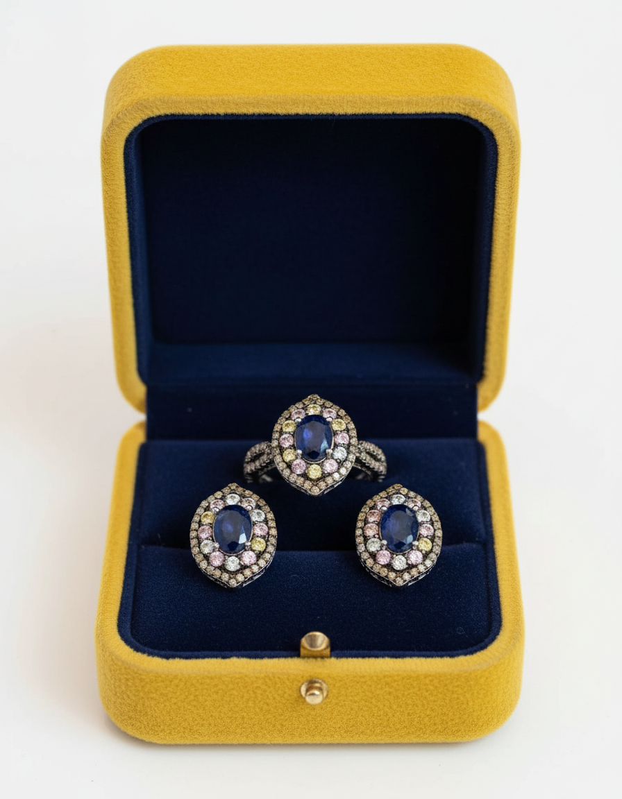 Handmade Natural Ceylon Blue Sapphires, coloured Sapphires and Natural Diamonds Jewelry Set