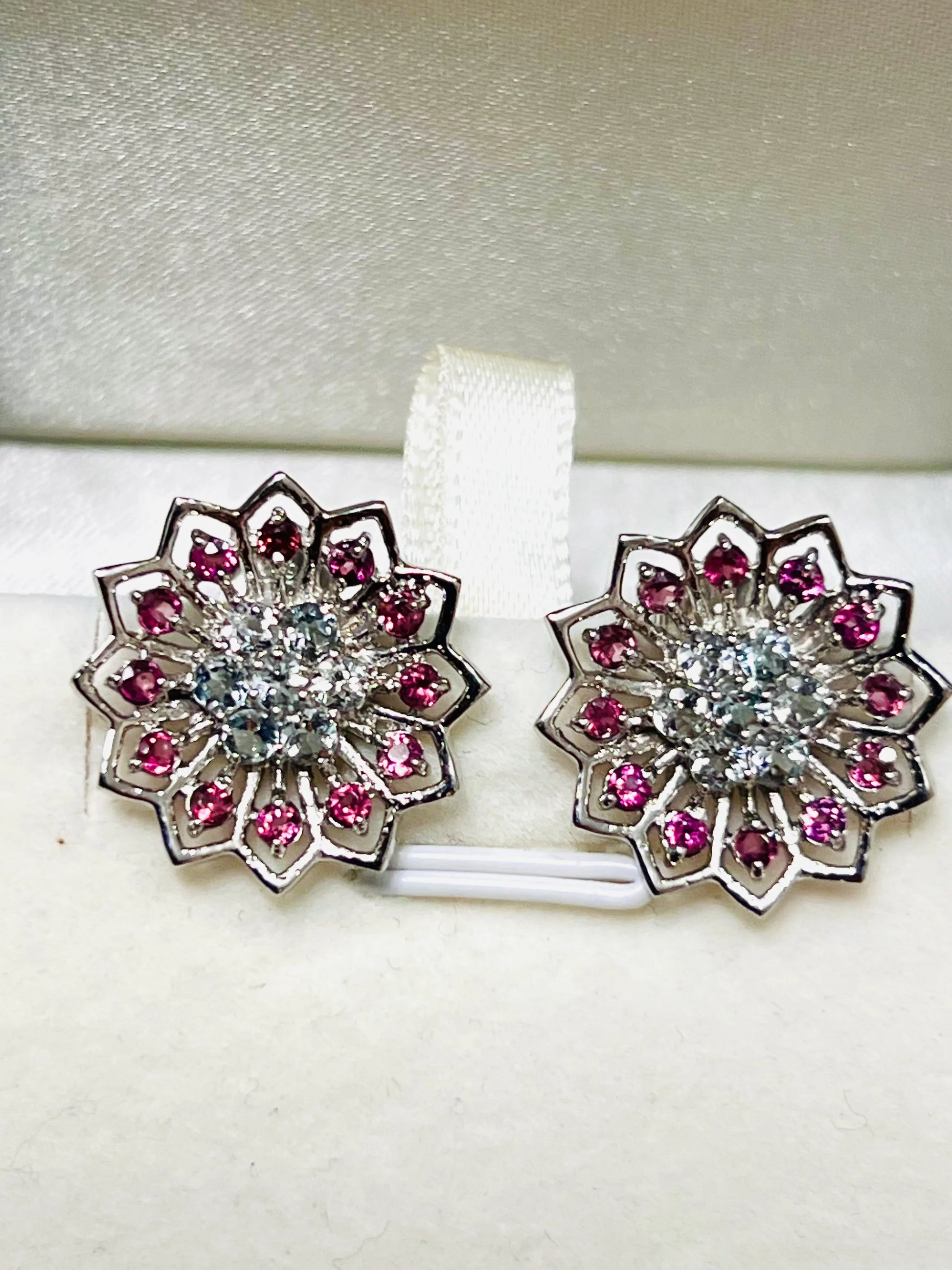 Handmade Aquamarine & Rhodolite Garnet Floral Earrings