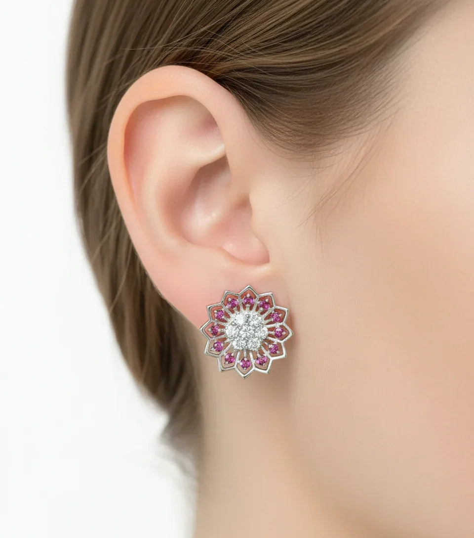 Handmade Aquamarine & Rhodolite Garnet Floral Earrings