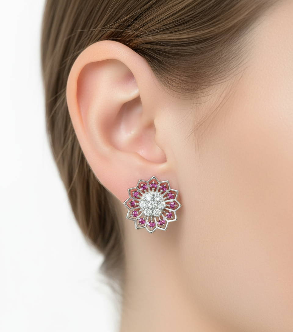 Handmade Aquamarine & Rhodolite Garnet Floral Earrings