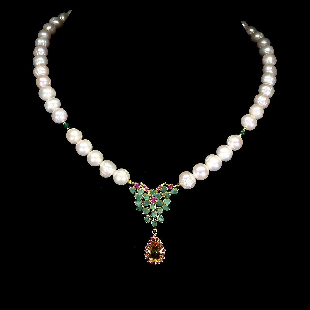 Colombian Emerald, Ruby and citrine along with south sea pearls necklace