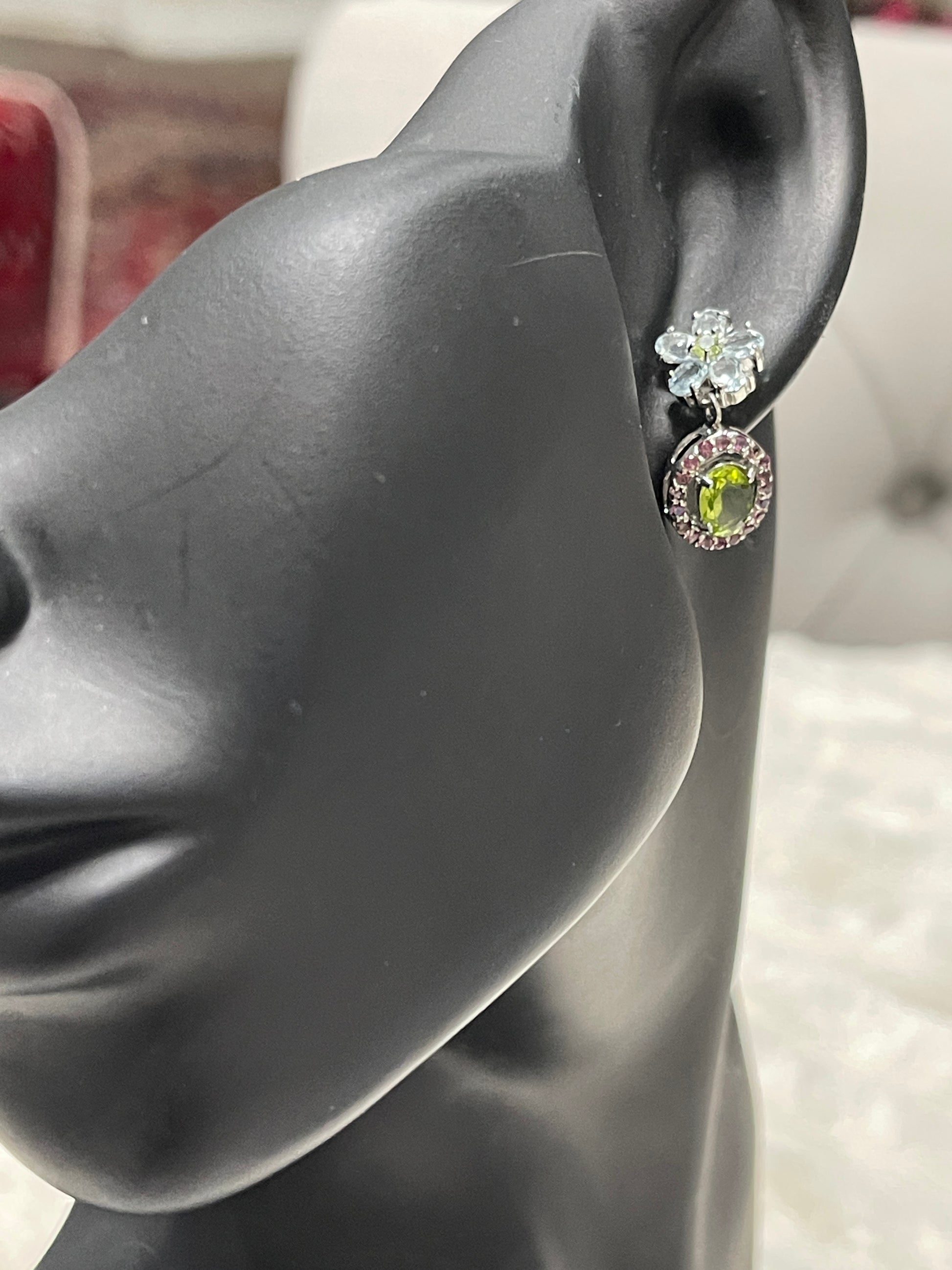 “Spring Bloom” Artisan Made Genuine  Peridot & Sapphire Floral Earrings – One of a Kind