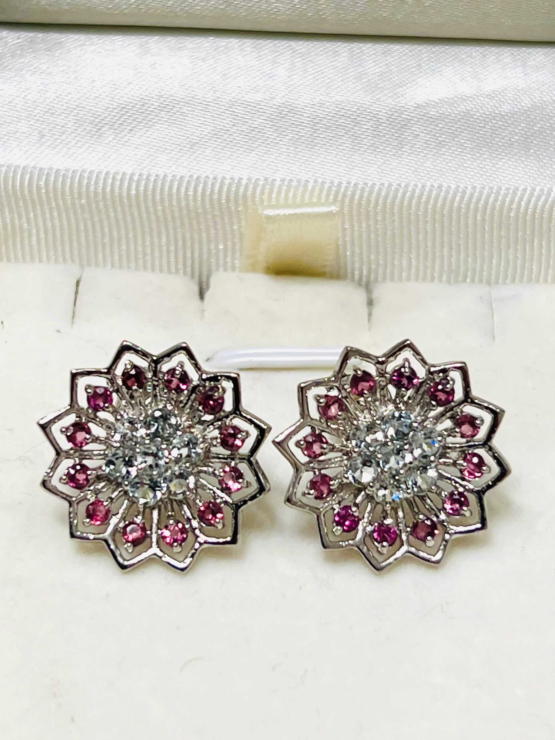 Handmade Aquamarine & Rhodolite Garnet Floral Earrings