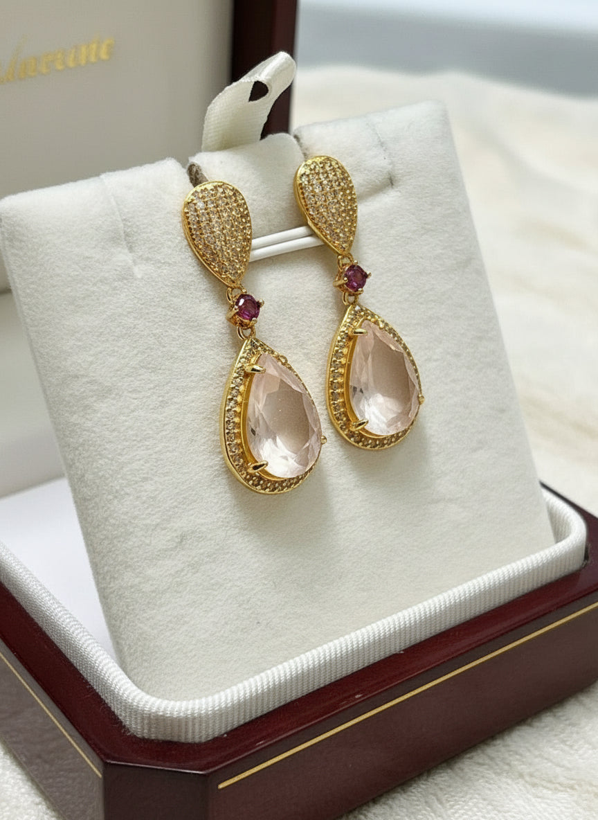 Handmade 14x 10mm. Pink Rose Quartz, Rhodolite & Sapphire Earrings