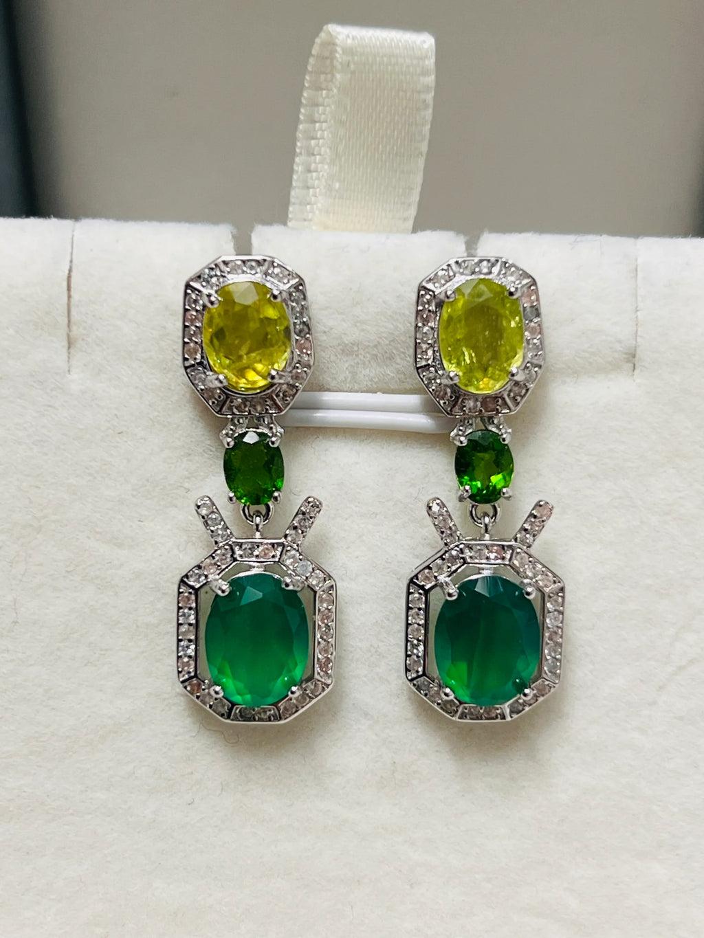 Handmade Emerald, Peridot, Chrome Diopside & Cubic Zirconia Earrings
