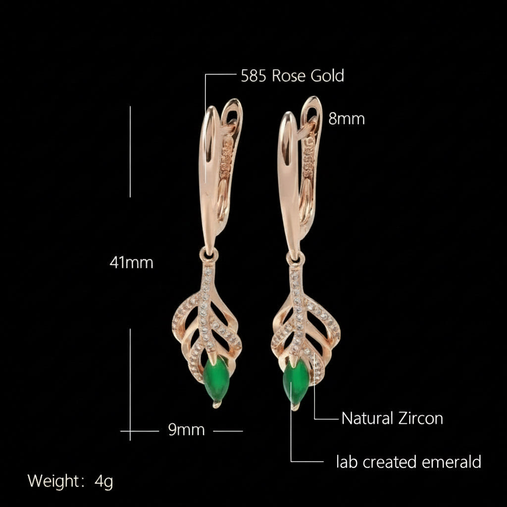 14k Rolled Gold Leaf Emerald Long Earrings