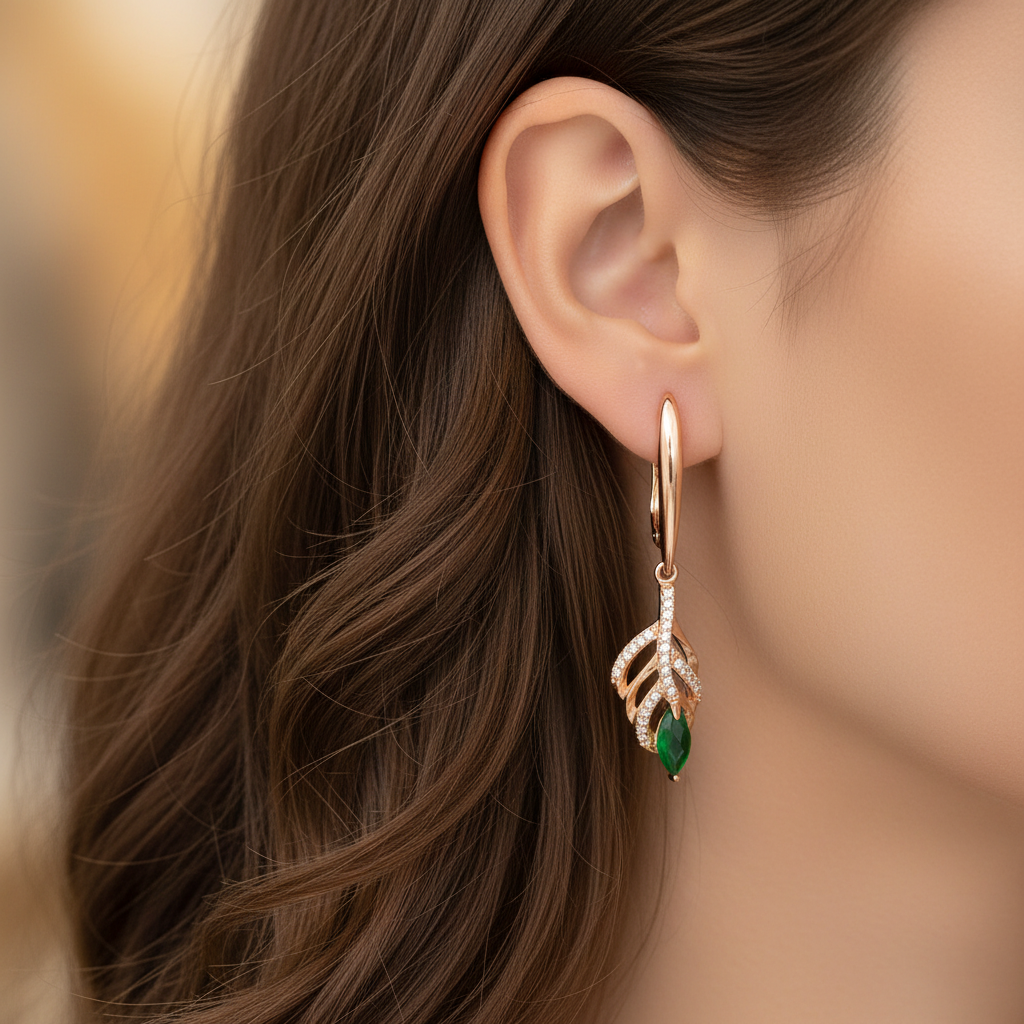 14k Rolled Gold Leaf Emerald Long Earrings