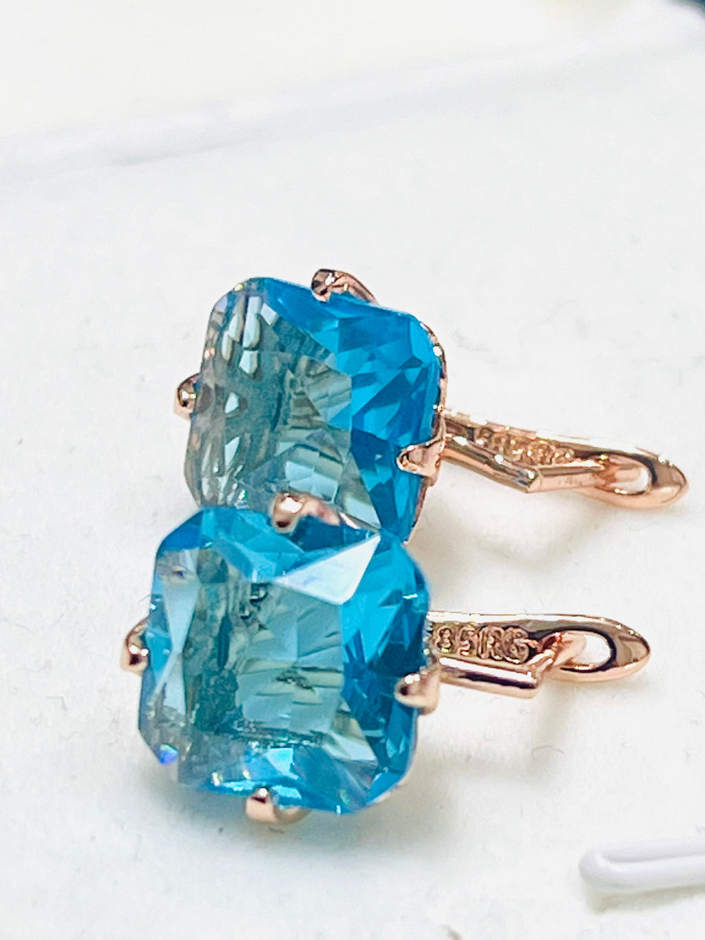 14K Rolled Gold Pink or Blue Topaz Minimalistic Square Drop Earrings