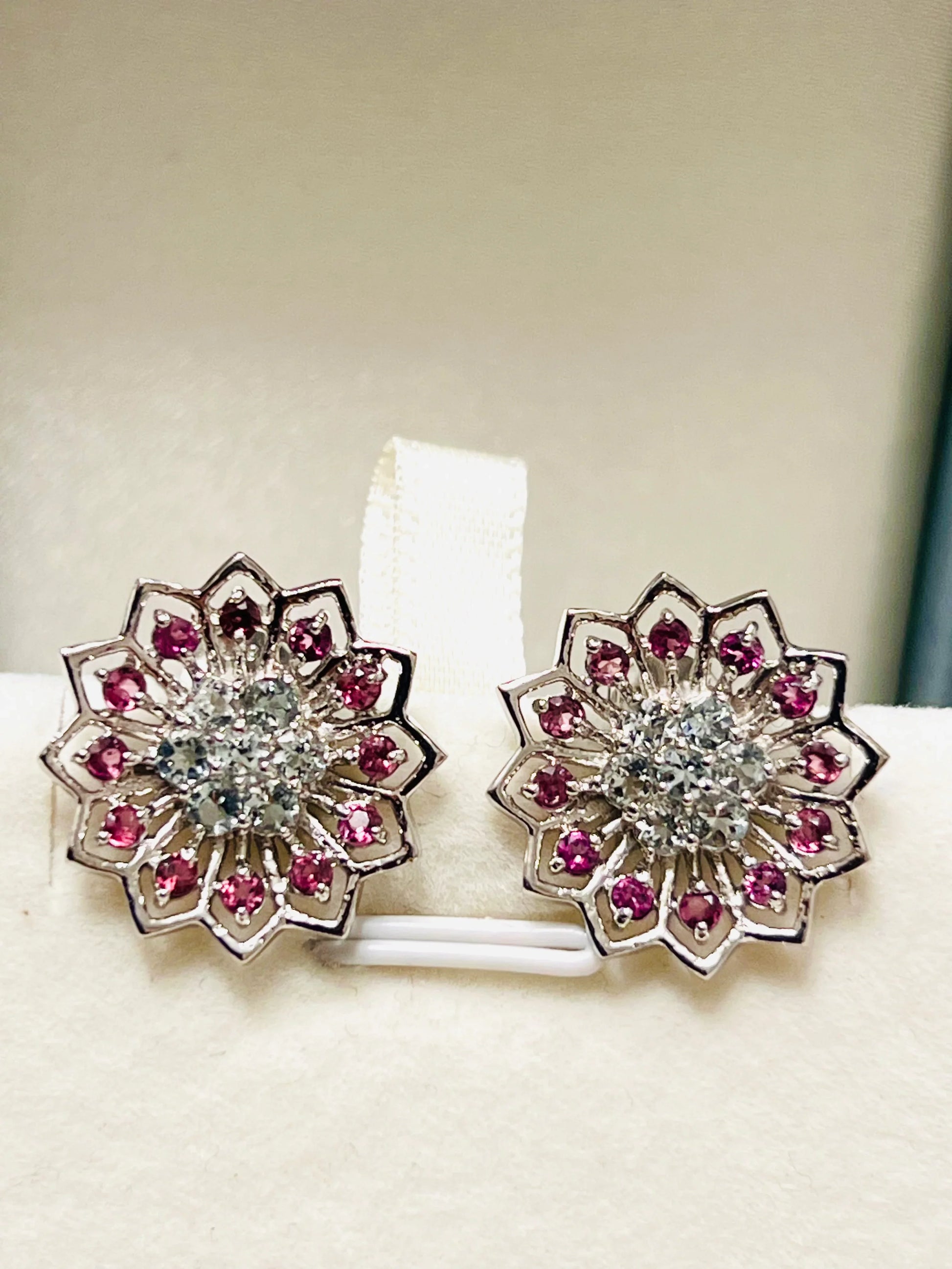 Handmade Aquamarine & Rhodolite Garnet Floral Earrings