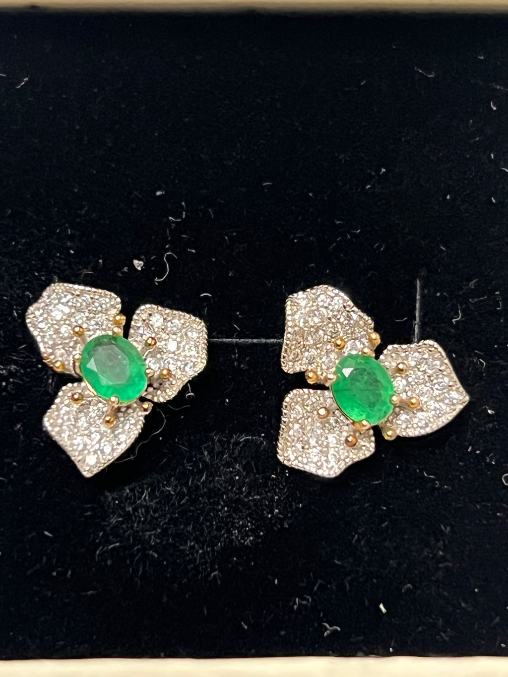 Natural Colombian Emerald Floral Stud Earrings with Diamond Accents