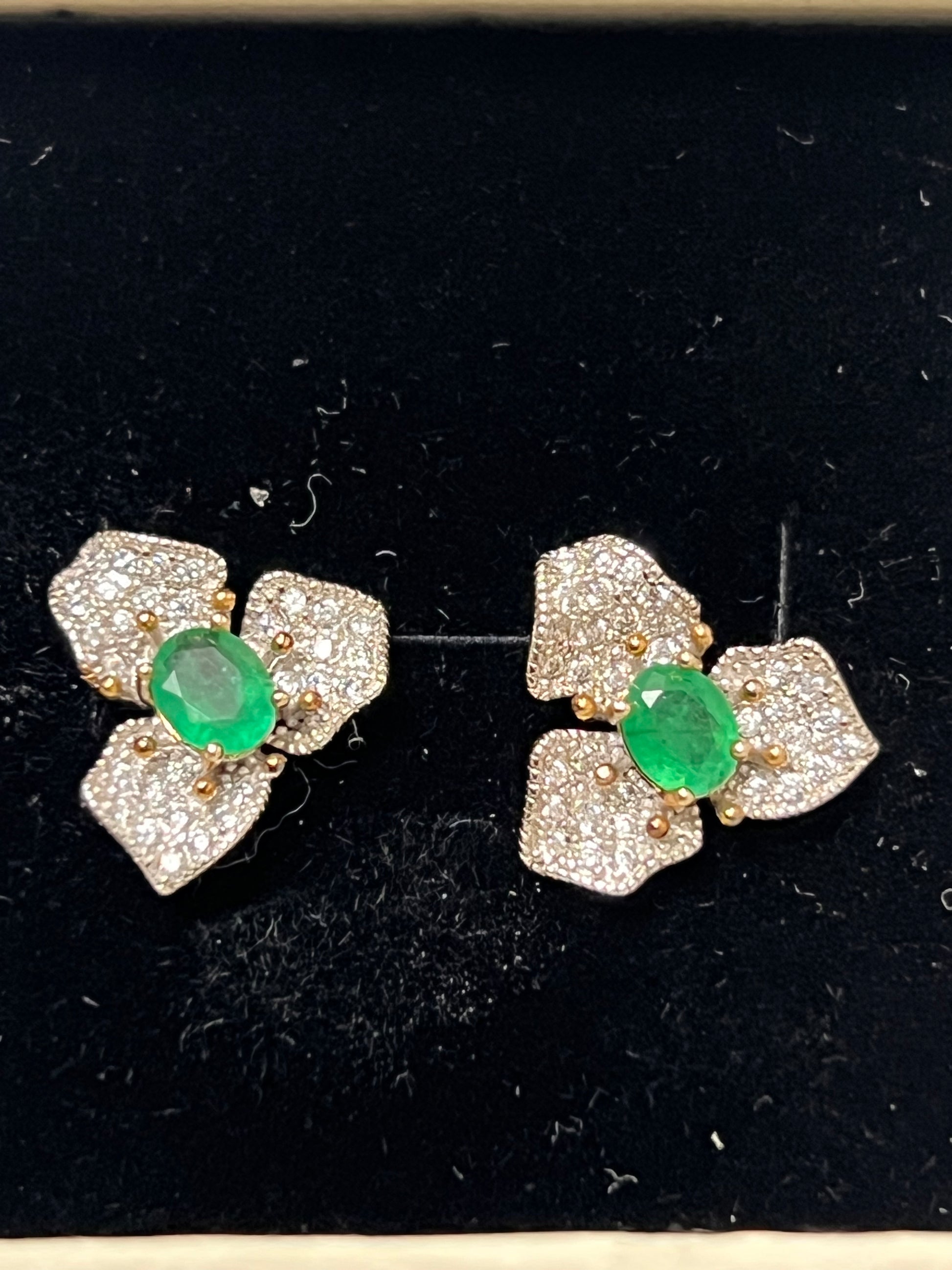 Natural Colombian Emerald Floral Stud Earrings with Diamond Accents