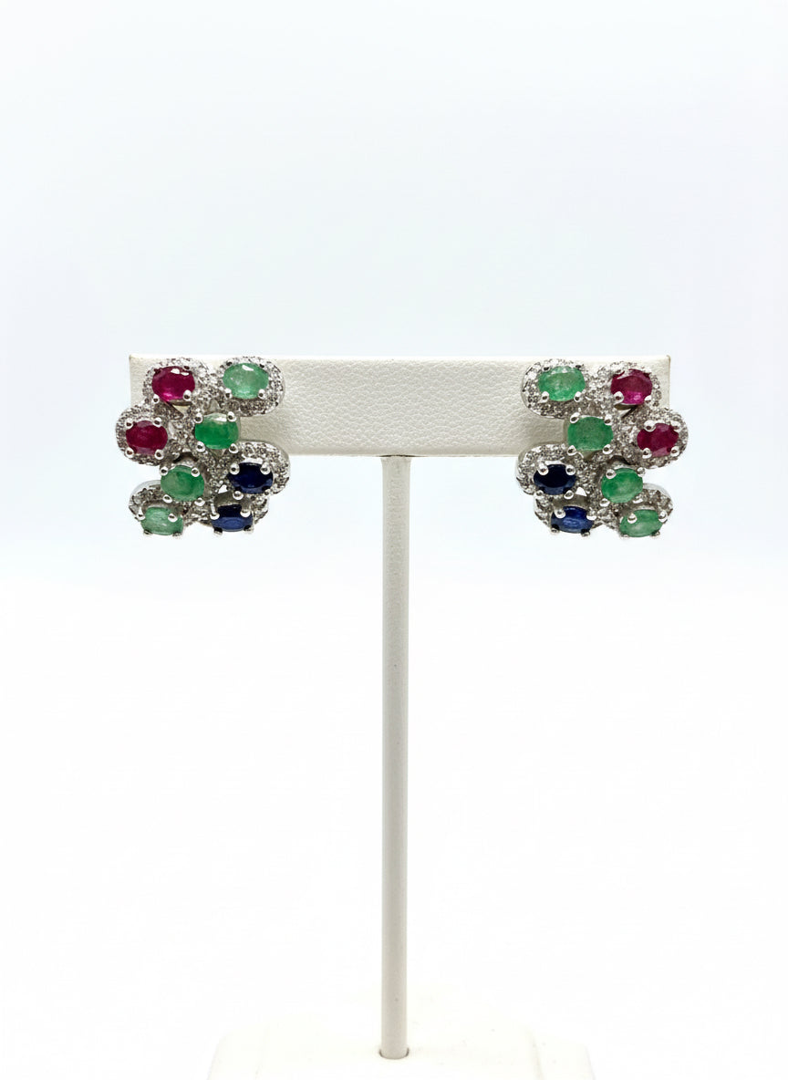 Handmade Sapphire, Emerald and Ruby zig zag Earrings