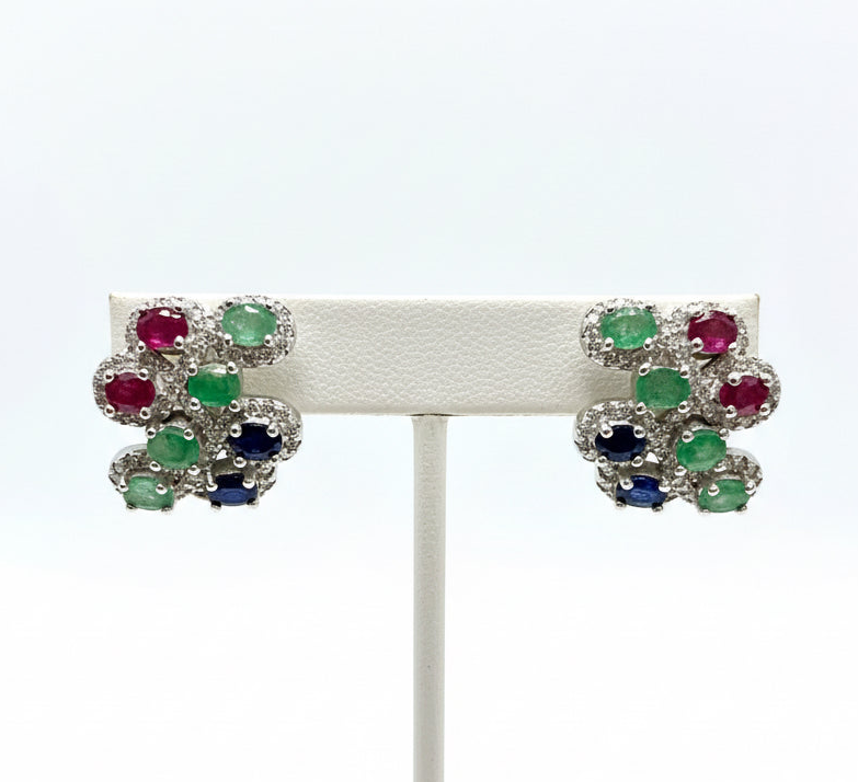 Handmade Sapphire, Emerald and Ruby zig zag Earrings