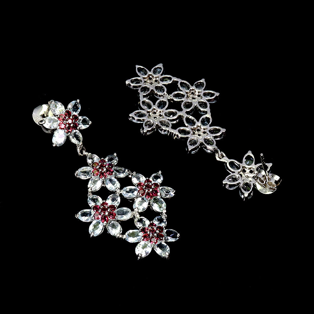 Handmade Lattice-Style Aquamarine & Rhodolite Garnet Earrings