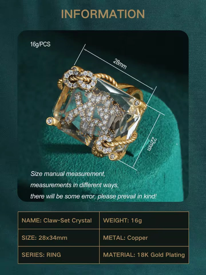 Vintage Inspired Emerald Cut Crystal Ring | Adjustable Gold Plated Brass Cocktail Ring for Women