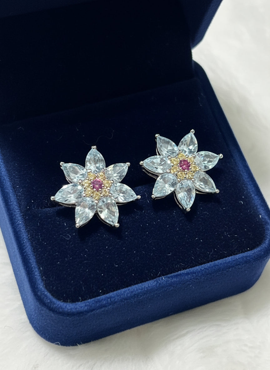 Handmade Aquamarine Diamond Snowflake Earrings in 14k Yellow Gold Vermeil 925 s