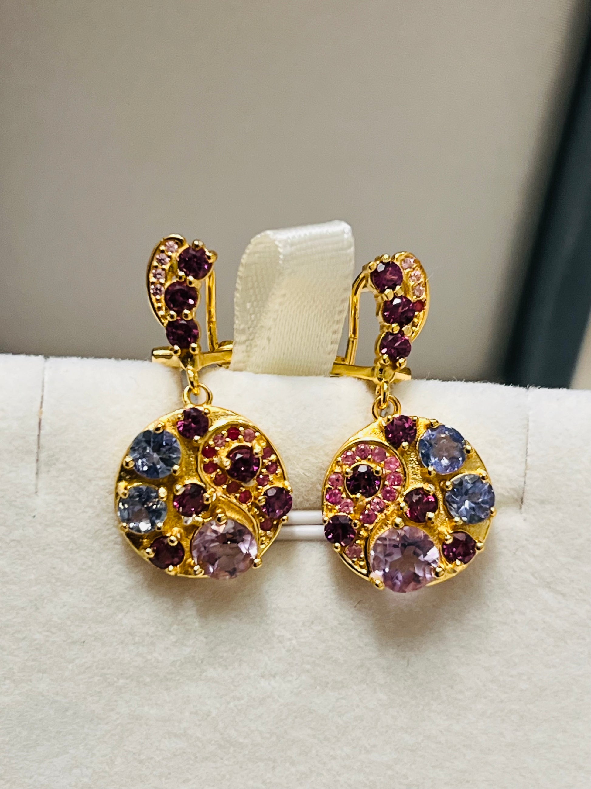 Handmade 18k Vermeil Medallion Earrings with Natural Tanzanite Garnet and Sapphires