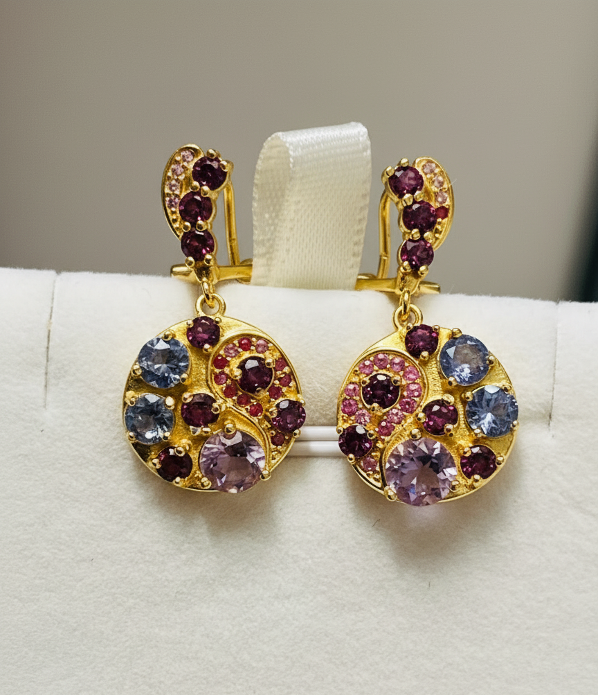 Handmade 18k Vermeil Medallion Earrings with Natural Tanzanite Garnet and Sapphires