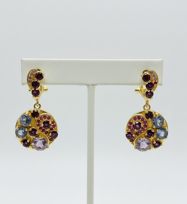 Handmade 18k Vermeil Medallion Earrings with Natural Tanzanite Garnet and Sapphires
