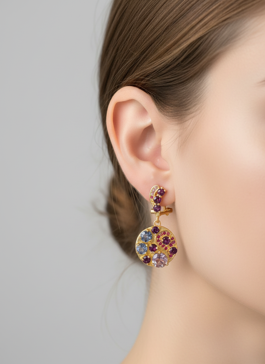 Handmade 18k Vermeil Medallion Earrings with Natural Tanzanite Garnet and Sapphires