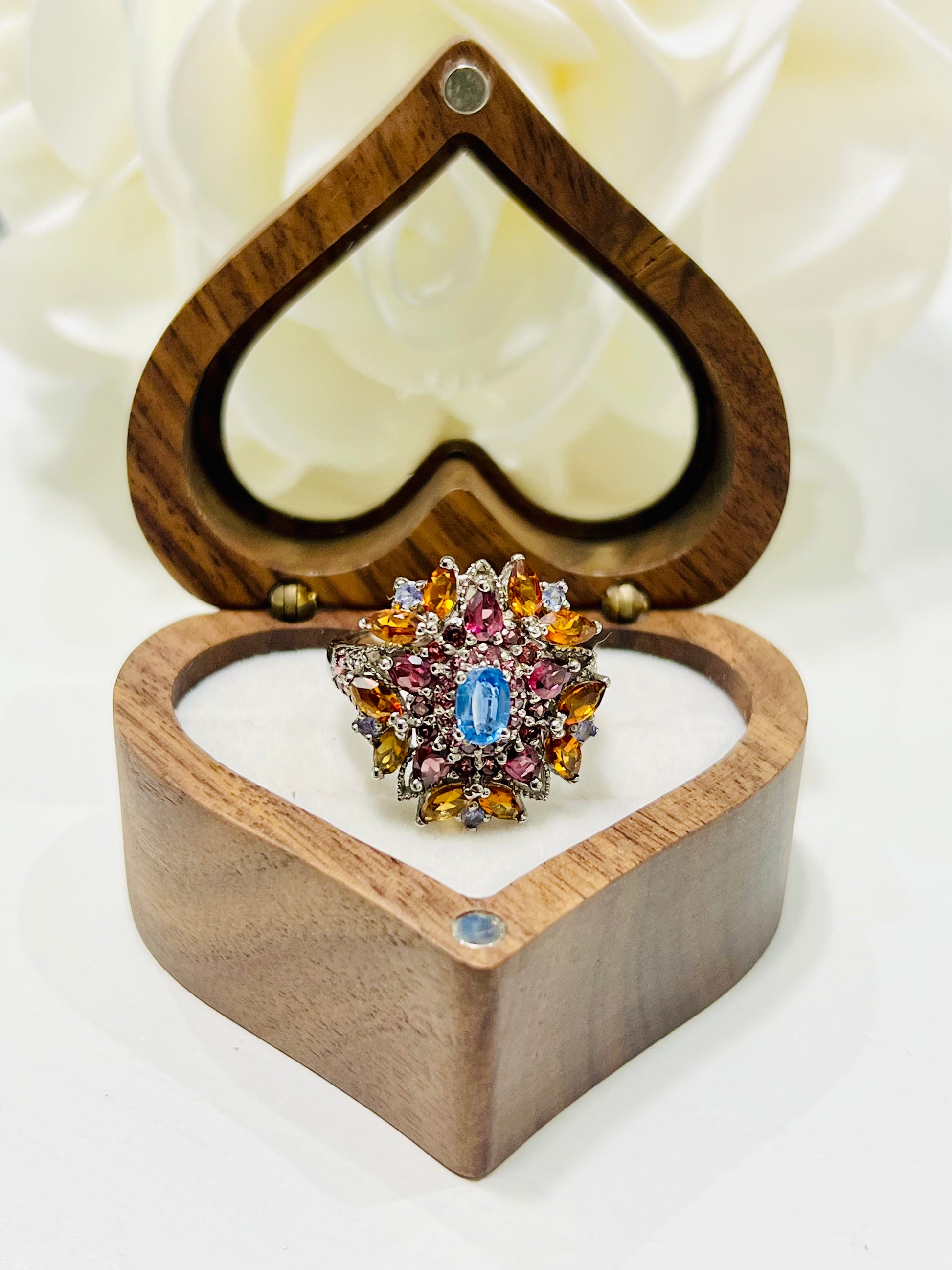 Handmade genuine Kyanite, Citrine and Rhodolite Garnet Ring