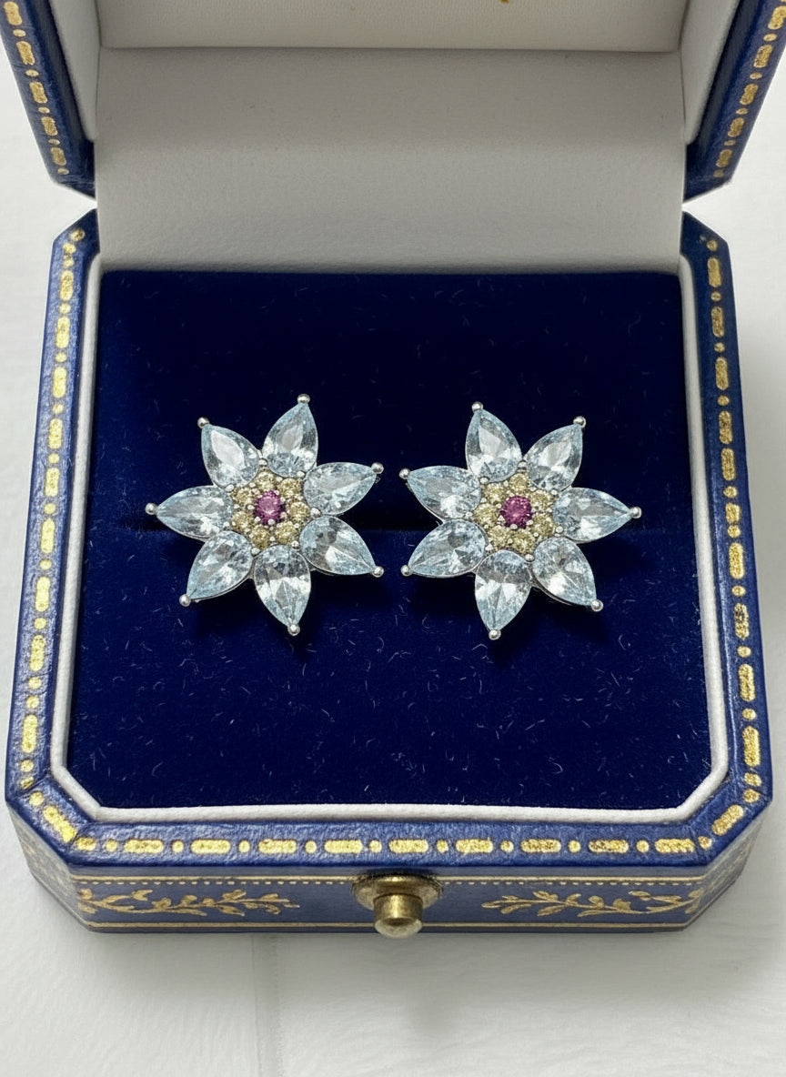 Handmade Aquamarine Diamond Snowflake Earrings in 14k Yellow Gold Vermeil 925 s