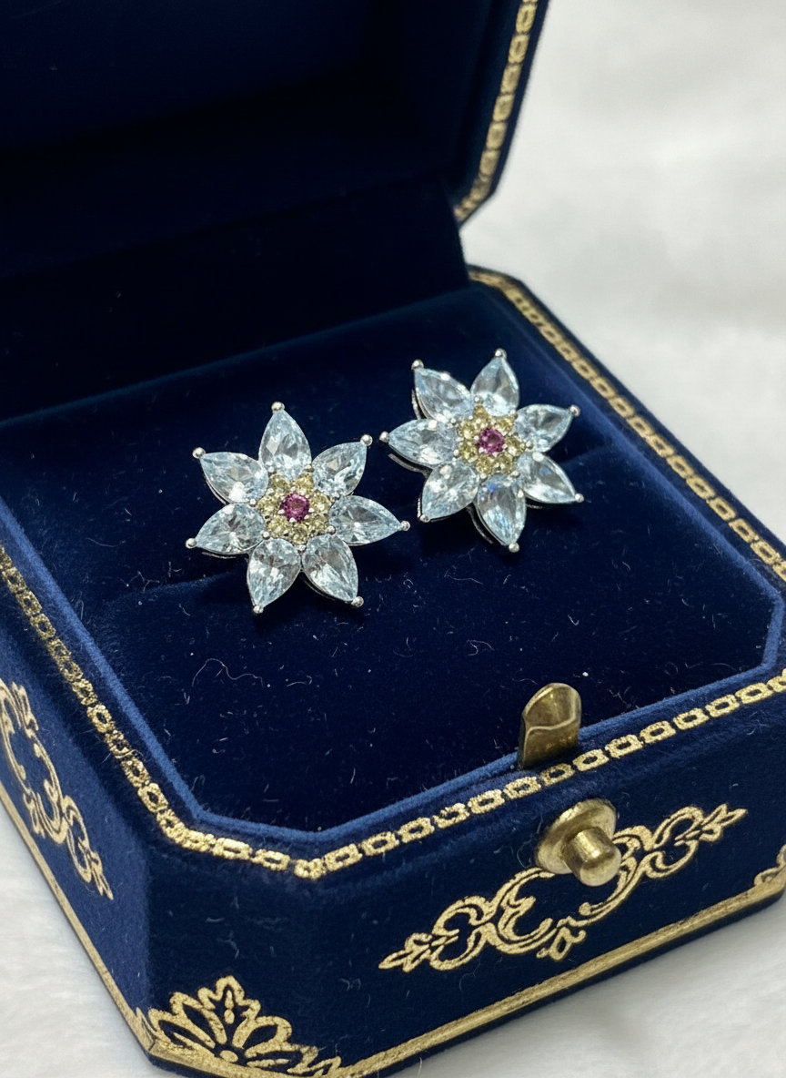 Handmade Aquamarine Diamond Snowflake Earrings in 14k Yellow Gold Vermeil 925 s